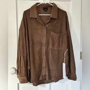 NWT Lumiere crazy soft button front brown fleece shirt/ lightweight shacket - L